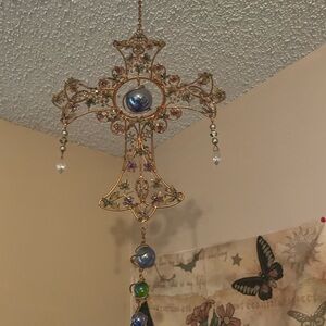 Copper and pearl beaded cross hanging wall decor handmade brand new